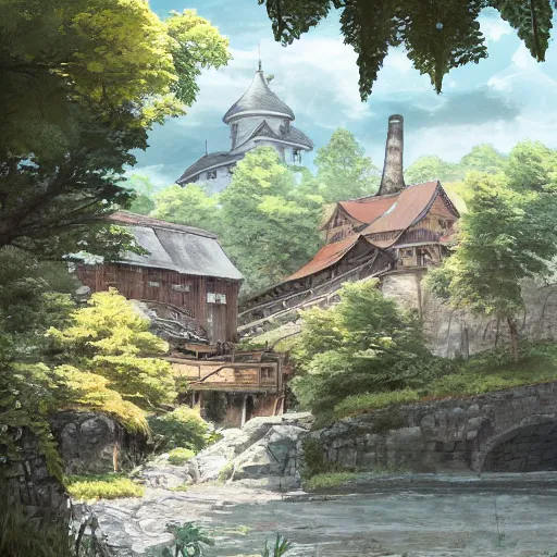 Prompt: concept art painting of a historic mill with european and japanese architecture, by a river, in a woodland village surrounded by trees and mountains, realistic, detailed, cel shaded, in the style of makoto shinkai and greg rutkowski and james gurney