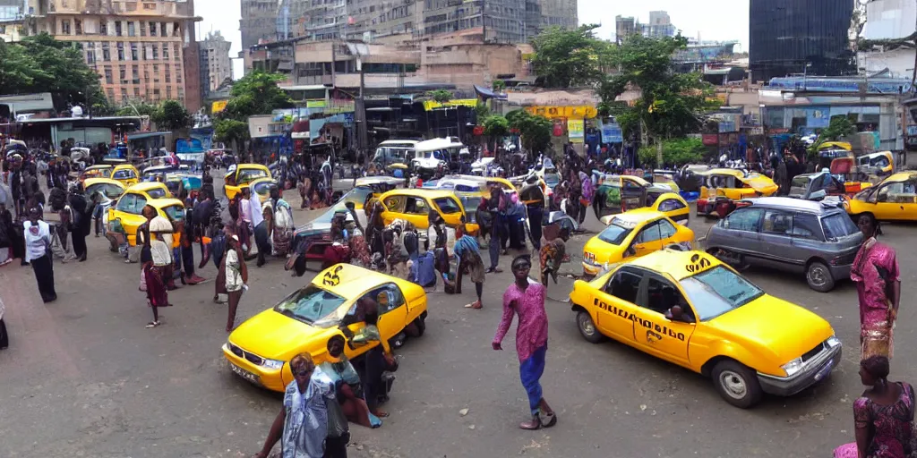 Prompt: afrofuturist taxi rank busy