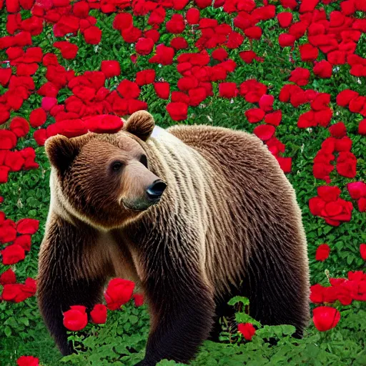 Prompt: a grizzly bear made of diamonds surrounded by red roses, 8 k, national geographic