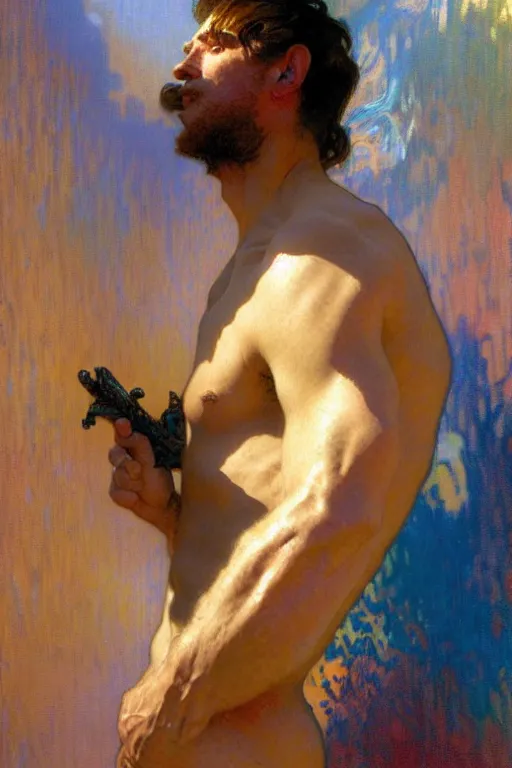 Prompt: attractive man, rainbow, painting by gaston bussiere, craig mullins, greg rutkowski, alphonse mucha