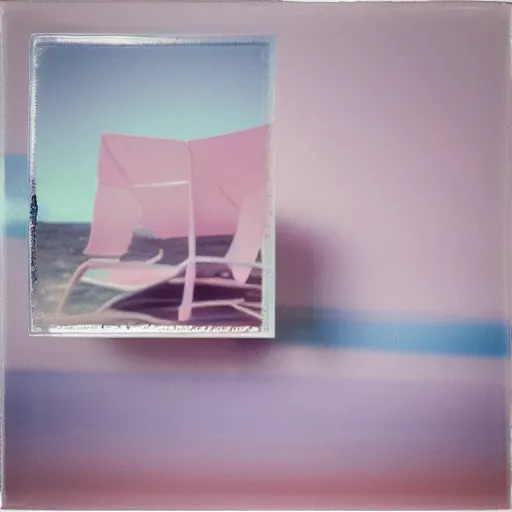 Image similar to a pastel colour high fidelity Polaroid art photo from a holiday album at a seaside with abstract inflatable parachute furniture, all objects made of transparent iridescent Perspex and metallic silver, no people, iridescence, nostalgic