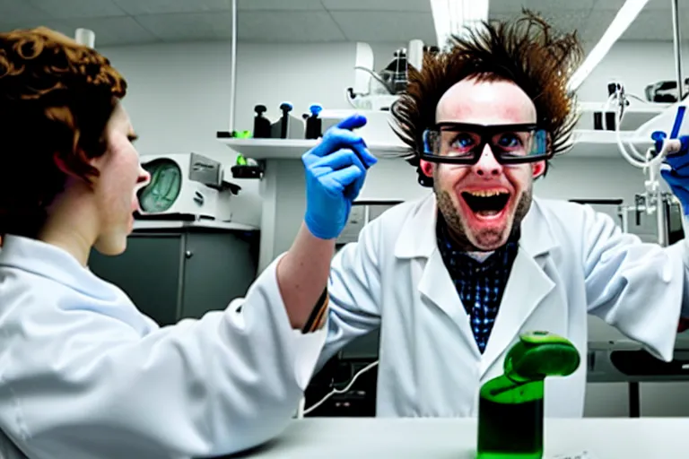 Image similar to a slobbish, mad scientist, working in a lab