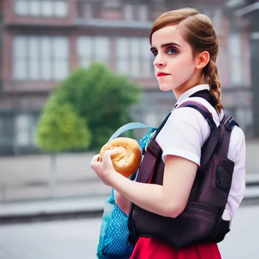 Prompt: photo of cute pigtailed emma watson as schoolgirl, holding mesh bag with bagels, street of moscow, shallow depth of field, cinematic, 8 0 mm, f 1. 8