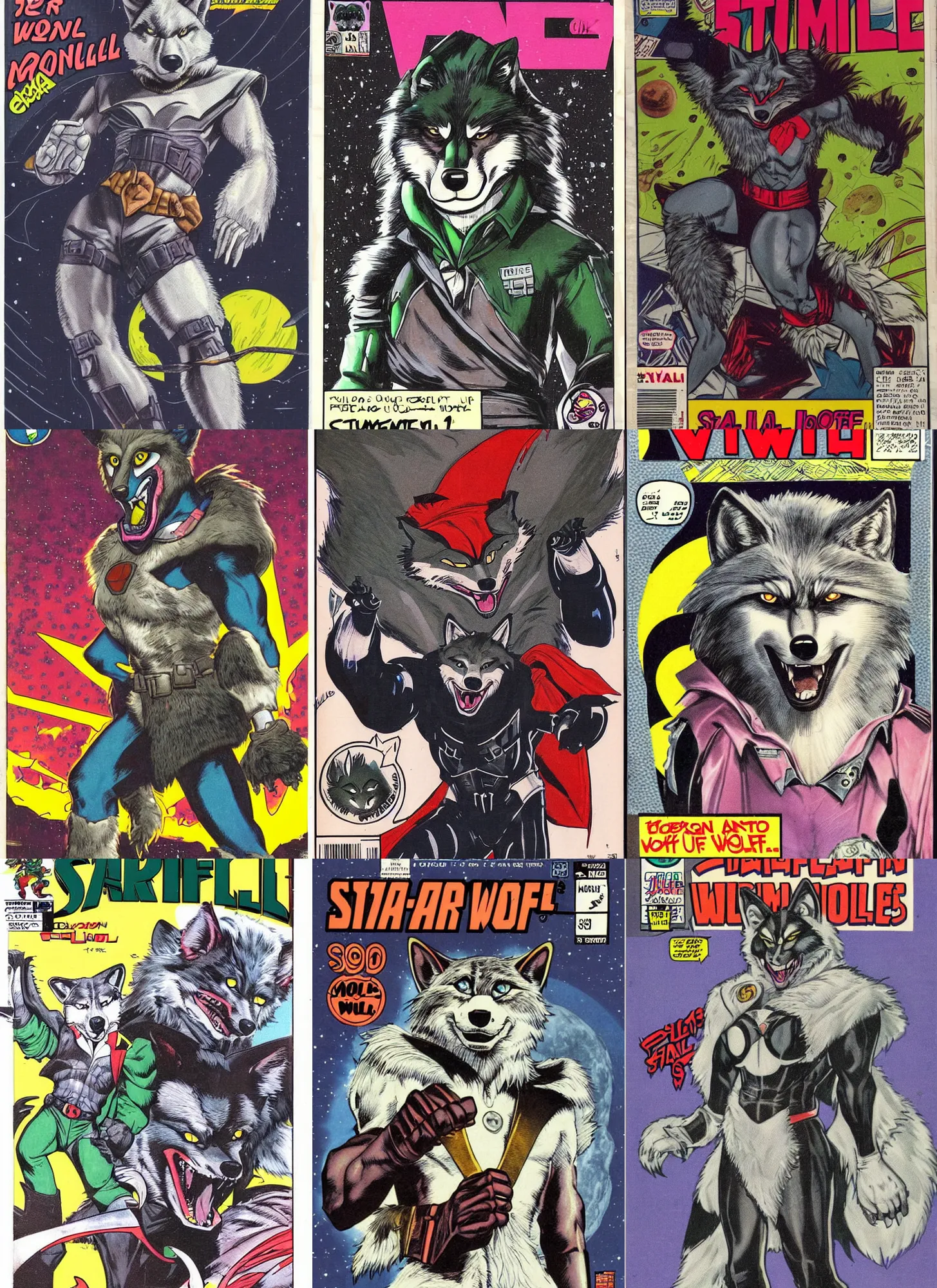 Image similar to 1 9 8 0 s comic book cover scan featuring a portrait of villain male wolf o'donnell anthropomorphic wolf furry fursona from starfox wearing a dark space mercenary uniform, dark grey wolf, handsome eyes, wolf o'donnell