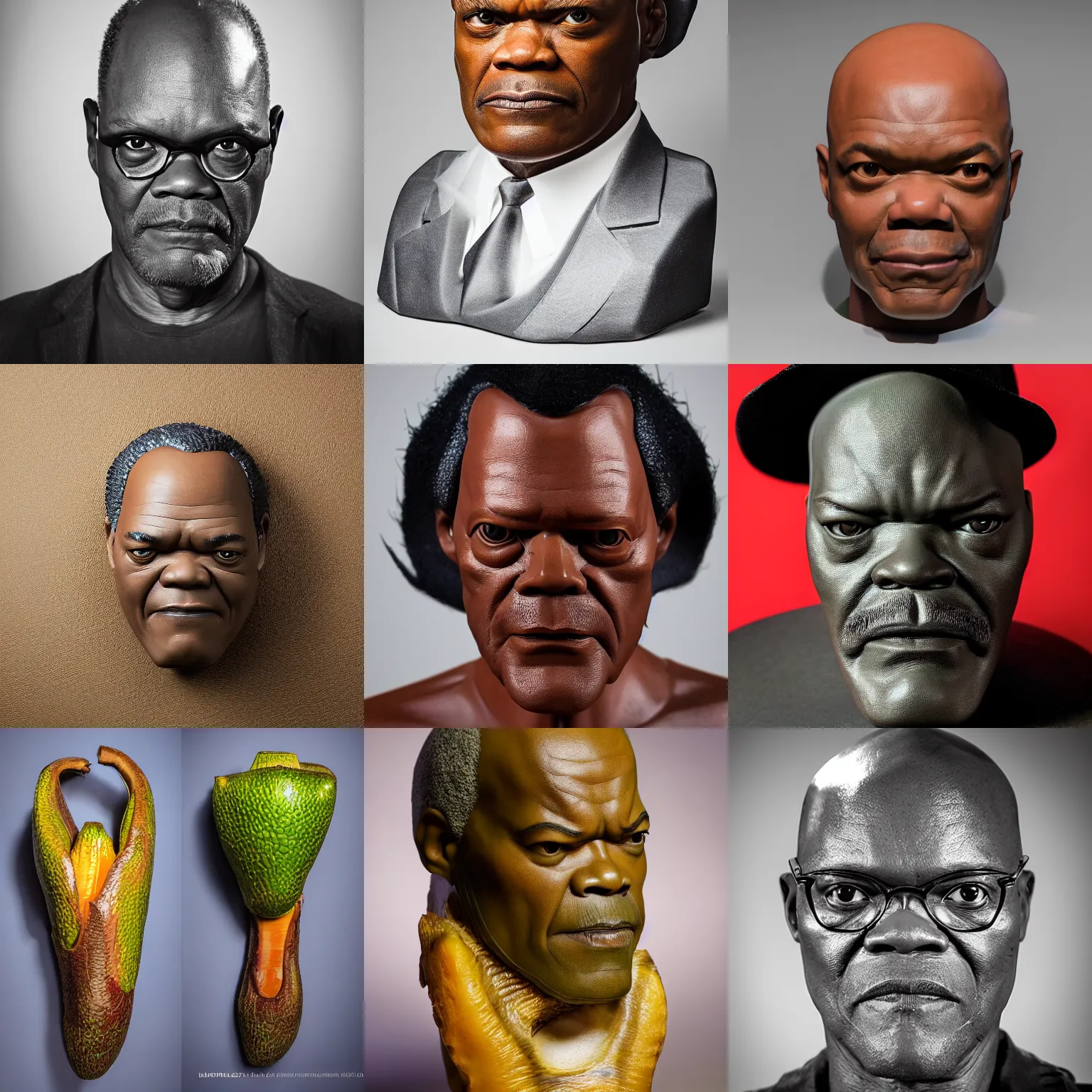 Prompt: jackfruit sculpture of samuel l jackson, studio lighting, headshot portrait