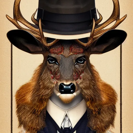 Image similar to a upper body portrait of a deer lord in a pinstriped suit and pants wearing a fedora with the antlers sticking out of the fedora by artgerm and wlop, intricate detail, digital art, photorealistic, trending on artstation