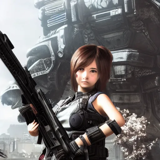 Prompt: anime girl in Gears of War, highly detailed, high quality, HD, 4k, 8k, Canon 300mm, professional photographer, 40mp, lifelike, top-rated, award winning, realistic, sharp, no blur, edited, corrected, trending