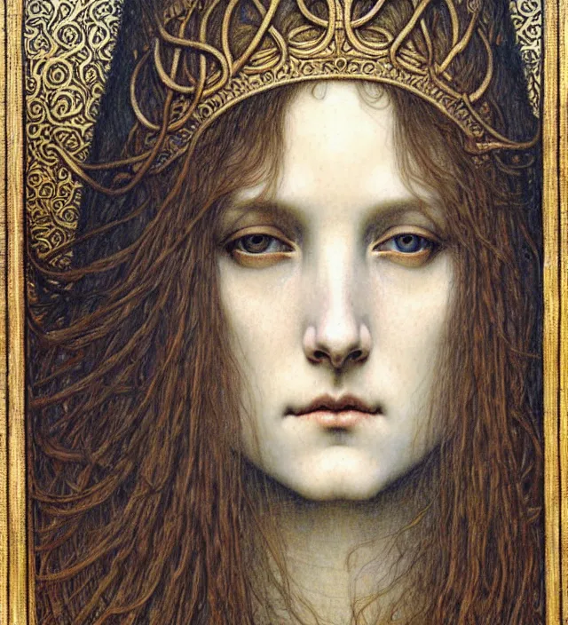 Image similar to detailed realistic beautiful young medieval queen face portrait by jean delville, gustave dore and marco mazzoni, art nouveau, symbolist, visionary, gothic, pre - raphaelite. horizontal symmetry