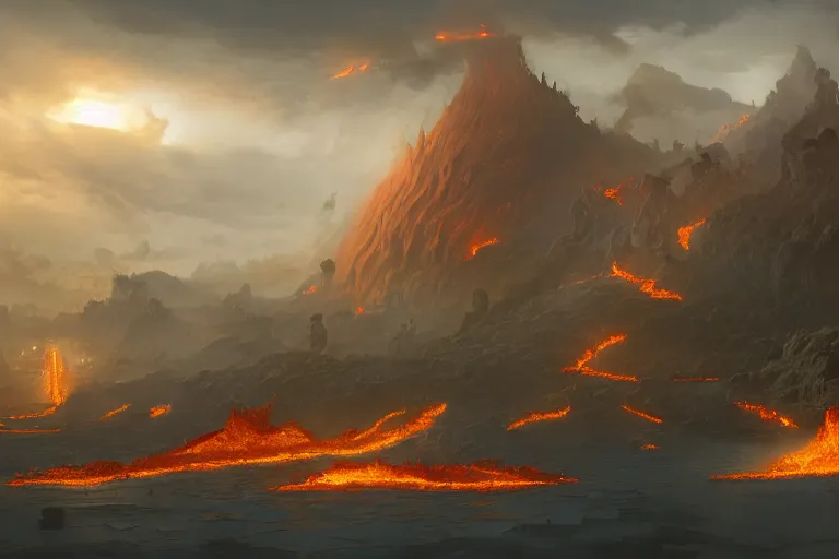 Prompt: the city of flowing lava and gold, mesmerizing, beautiful, fantastical, concept art, highly detailed, artstation, trending, widescreen resolution, feng zhu, shaddy safadi, noah bradley, tyler edlin, jordan grimmer, darek zabrocki, neil blevins, tuomas korpi