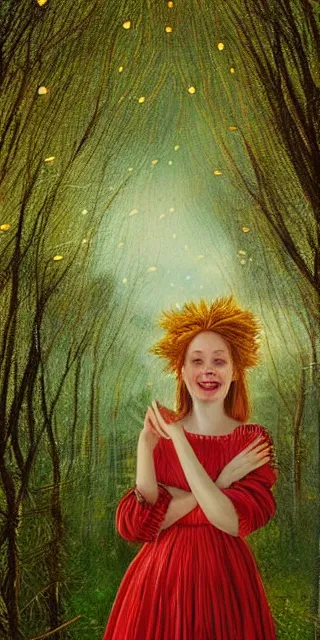 Image similar to a totally amazed smiling young woman surrounded by golden firefly lights in a mesmerizing scene, sitting amidst nature fully covered! intricate detailed dress, long loose red hair, precise linework, accurate green eyes, small nose with freckles, beautiful smooth oval head, expressive emotions, hyper realistic ultrafine portrait by artemisia gentileschi, jessica rossier, boris vallejo