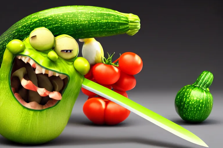 Prompt: detailed 3 d render of a mad zucchini with a long sword chasing after a tomato character, hyper realistic octane render, cinematic lighting, wide angle, nightmare, adult pixar surrealism