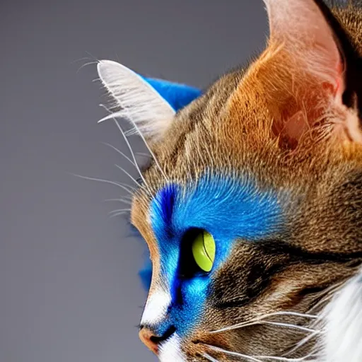 Prompt: cat with white blue and red coloured fur