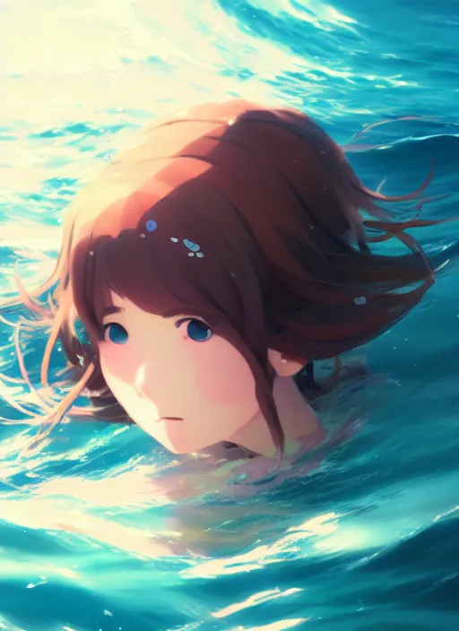 Image similar to portrait of a cute girl swimming in the ocean, illustration concept art anime key visual, very trippy and abstract, trending pixiv fanbox by wlop and greg rutkowski and makoto shinkai and studio ghibli and kyoto animation