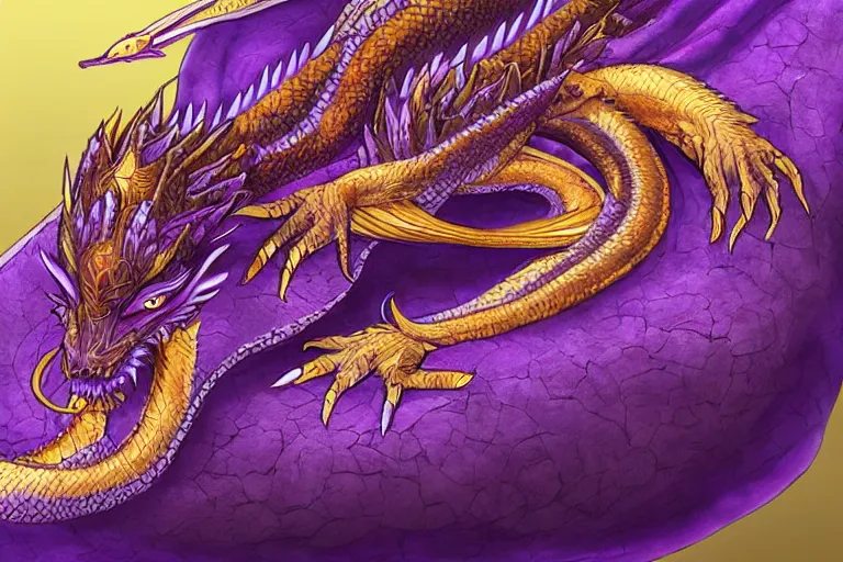 Image similar to a purple and gold dragon laying on its back, relaxing dragon, detailed digital art, artstation