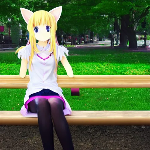 Image similar to 3 d photo of an anime girl with cat ears and long blond hair looking to her side sitting on a bench with a park behind her bokeh shader anime