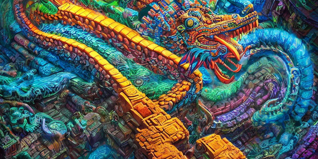 Image similar to Quetzalcoatl  the feathered serpent deity hovering above a giant mayan temple by Liam Wong and Boris Vallejo, stone carving, colorful, glyphs, rocket, wall of a tomb, highly details, realistic, cinematic lightning, medium shot, mid-shot, highly detailed, trending on artstation, Unreal Engine 4k