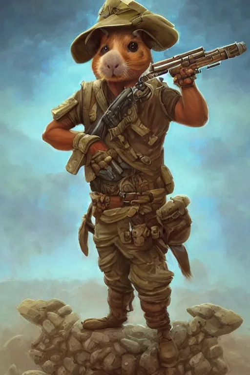 Prompt: cute little anthropomorphic Guinea Pig Army Ranger, wielding an M4, tiny, small, short, Desert camouflage, cute and adorable, pretty, beautiful, DnD character art portrait, matte fantasy painting, DeviantArt Artstation, by Jason Felix by Steve Argyle by Tyler Jacobson by Peter Mohrbacher, cinematic lighting