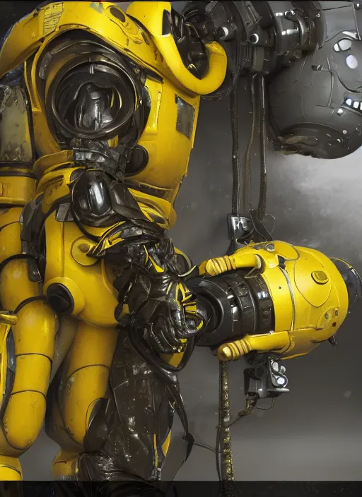 Image similar to a photorealistic dramatic hyperrealistic render of a exosuit deep sea submersible, ultra realistic details, glossy yellow, well worn, rust, oil stains by vitaly bulgarov and mike nash, beautiful dramatic dark moody tones and lighting, cinematic atmosphere, studio lighting, global illumination, shadows, dark background, octane render, 8 k