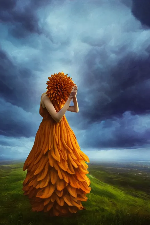 Prompt: closeup giant dahlia flower over the head, girl standing on mountain, surreal photography, blue storm clouds, dramatic light, impressionist painting, digital painting, artstation, simon stalenhag
