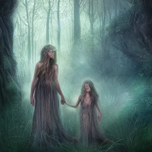 Image similar to sensual woman and her daughter making a sacrifice in a magical forest by leesha hannigan, fantasy, highly detailed faces, magical forest, pond, fog, digital art, artwork