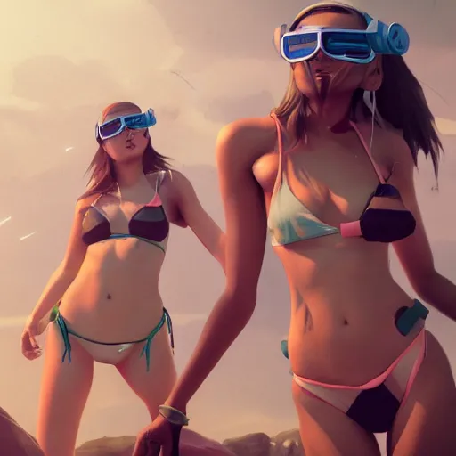 Prompt: a cute girl with googles in a bikini, looking to the sky, cinematic lighting, dramatic atmosphere, artwork by dustin nguyen, akihiko yoshida, greg tocchini, greg rutkowski, cliff chiang, 4 k resolution, trending on artstation, octane render