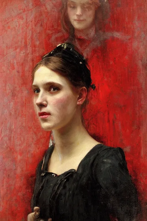 Image similar to Solomon Joseph Solomon and Richard Schmid and Jeremy Lipking victorian genre painting full length portrait painting of a young beautiful woman traditional german french barmaid in fantasy costume, red background