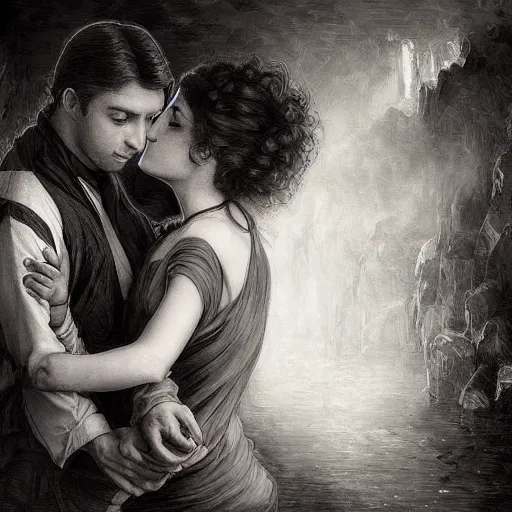 Image similar to tight hug between a couple, while they are watching TV, black and white color scheme, HD, in focus, Regal, Realistic, Refined, Detailed Digital Art, Josephine wall, Oil Painting, William-Adolphe Bouguereau, Art Frahm, Esao Andrews, Steampunk, Walt Disney (1937), Highly Detailed, Cinematic Lighting, Unreal Engine, 8k, HD