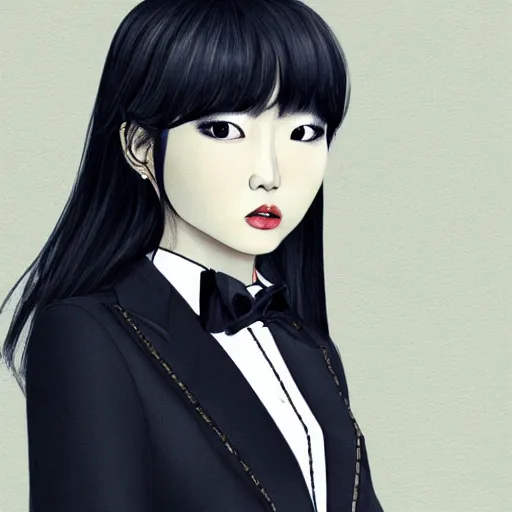 Image similar to portrait of a beautiful korean girl wearing a men's tuxedo, with long hair and bangs, angular features, angry expression, digital art, elegant pose, detailed illustration