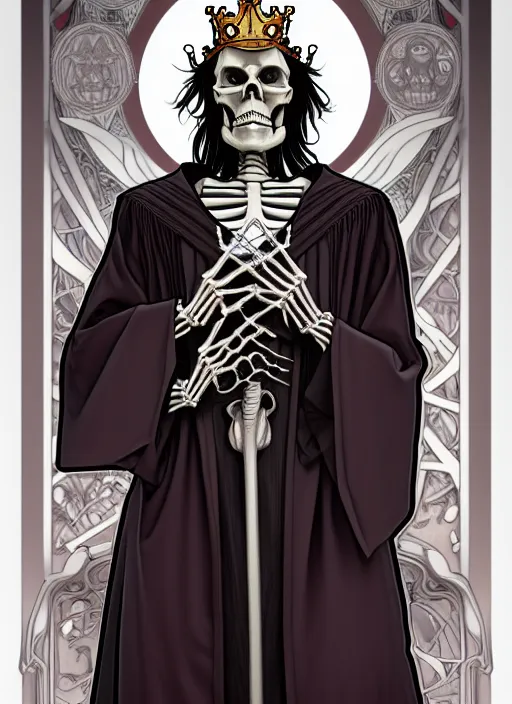 Image similar to undead skeleton king, wearing an academic gown, tarot card, highly detailed, deep focus, elegant, digital painting, smooth, sharp focus, illustration, ultra realistic, 8 k, art by artgerm and alphonse mucha