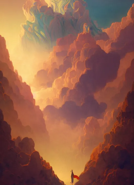 Image similar to goddess of clouds and mountains, concept art, symmetrical, trending on artstation vivid color, complementary color, golden ratio, detailed, sharp lines, intricate, rainbowshift by andrei riabovitchev, by peter mohrbacher, by gustave dore, by maxfield parrish, by alphonse mucha, deviantart, octane render