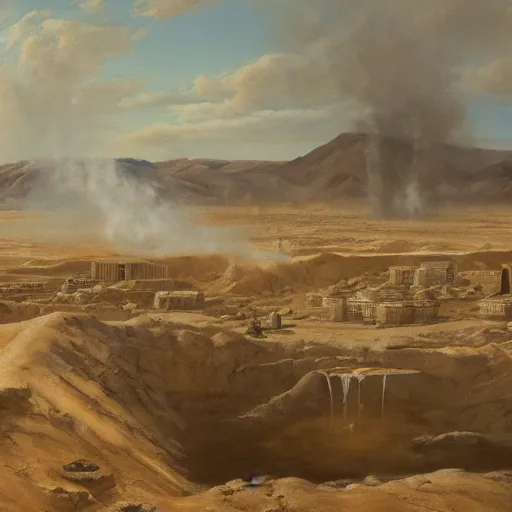 Prompt: painting of a city in a desert next to a gigantic geyser