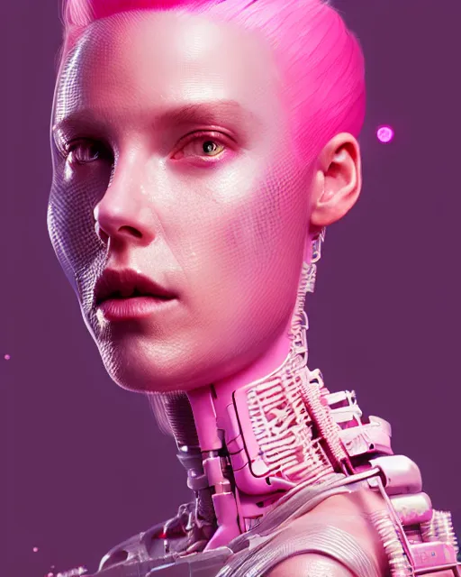 Image similar to portrait of a beautiful woman with pink hair as a cyberpunk cyborg, sci - fi, missing panels, intricate abstract upper body intricate artwork, by tooth wu, wlop, beeple, dan mumford. concept art, octane render, deviantart, greg rutkowski, cinematic, key art, hyperrealism, iridescent accents