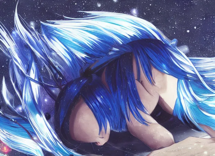 Image similar to a woman with blue hair laying on the ground with her head down, a detailed painting by rei kamoi, featured on pixiv, space art, official art, anime, toonami