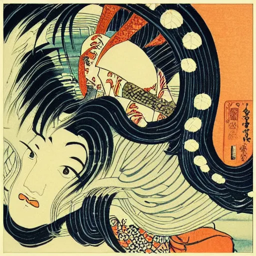 Image similar to “A carousel in the style of a woodblock print by the Japanese ukiyo-e artist Hokusai, by James jean, by yukio shimizu”