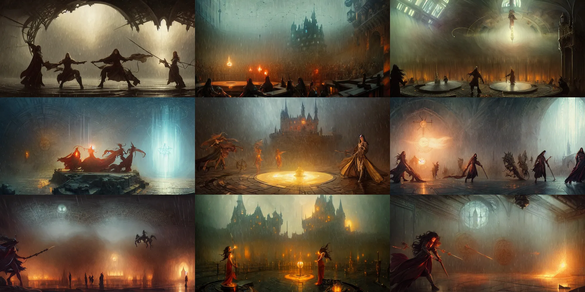 Prompt: cinematic battle scene, lighting, sorcery magic witch battle, medieval castle orrery room, rain, storm, fog, illustration, highly detailed, digital painting, concept art, matte, art by wlop and artgerm and greg rutkowski and alphonse mucha, masterpiece