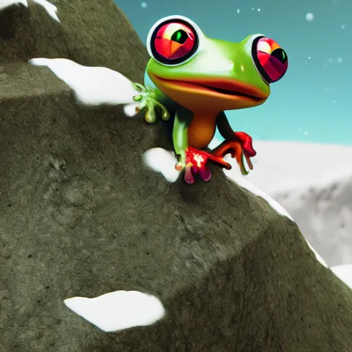 Image similar to 3 d octane render chibi frog character skiing down a mountain, pixar style