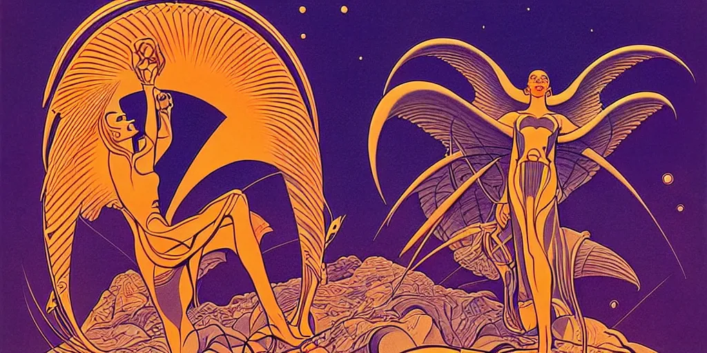 Image similar to ♈ ☀️ 👩🏽‍🦱✨👼🏽; retro vintage art, symmetrical,2d matte illustration, Stanisław Szukalski + Moebius,