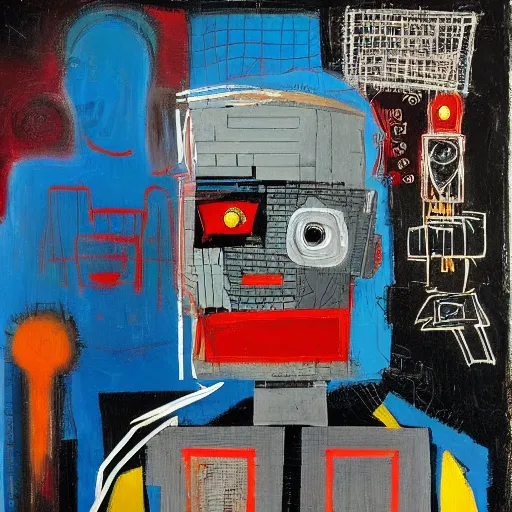 Prompt: a cyberpunk medic robot , by Jean-Michel Basquiat and Rembrandt and Francisco Goya , constructivism , detailed painting , cubist