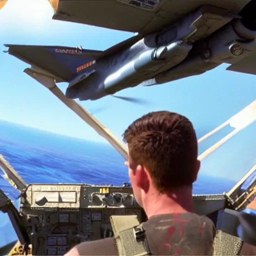 Image similar to a christian checks Top Gun in the messenger, wide shot, realistic, explosions in the background, 4K