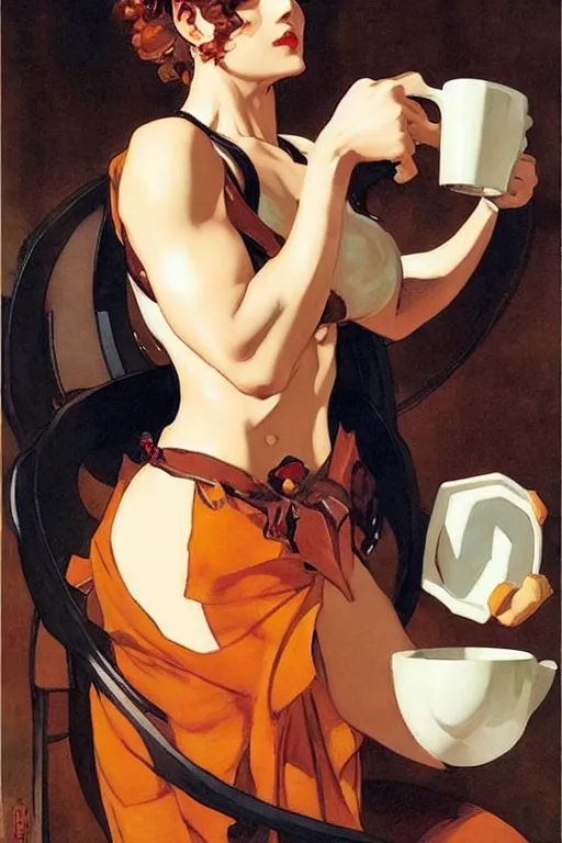 Image similar to attractive hercules played as a woman drinking coffee, painting by j. c. leyendecker, yoji shinkawa, katayama bokuyo