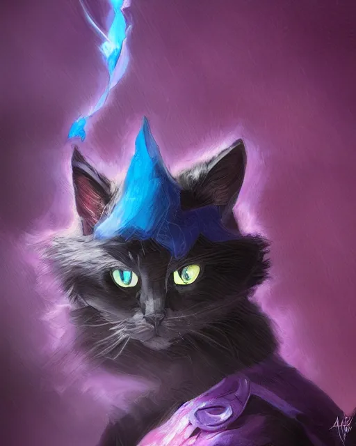 Image similar to Cat Illusionist, portrait, purple and blue, magic the gathering artwork, D&D, fantasy, cinematic lighting, centered, symmetrical, highly detailed, digital painting, artstation, concept art, smooth, sharp focus, illustration, volumetric lighting, epic Composition, 8k, art by Akihiko Yoshida and Greg Rutkowski and Craig Mullins, oil painting, cgsociety