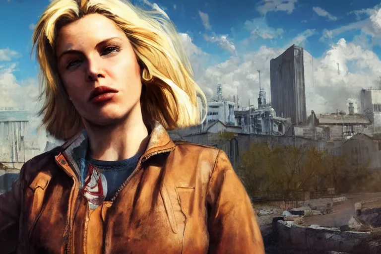 Image similar to fallout 5, charismatic beautiful rugged blonde female protagonist, portrait, outdoors european cityscape, atmospheric lighting, painted, intricate, volumetric lighting, beautiful, daytime, spring, sunny weather, few clouds, sharp focus, deep colours, ultra detailed, art by william turner