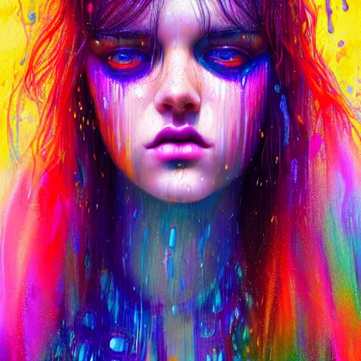 Prompt: portrait of girl in colored psychedelic rain with wet hair and face, fantasy, intricate, elegant, dramatic lighting, intense emotion, highly detailed, lifelike, photorealistic, digital painting, artstation, concept art, smooth, sharp focus, illustration, art by John Collier and Albert Aublet and Krenz Cushart and Artem Demura and Alphonse Mucha