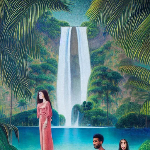 Image similar to a ultradetailed beautiful painting of lorde, frank ocean, the weeknd and lana del rey standing in front of the diamonds waterfall in the amazonas palace balustrade designed by jules bastien - lepage, tarsila do amaral, frank weston and gustave baumann, beach, trending on artstation, mediterranean, palm trees, sharp focus, soft light, 8 k 4 k