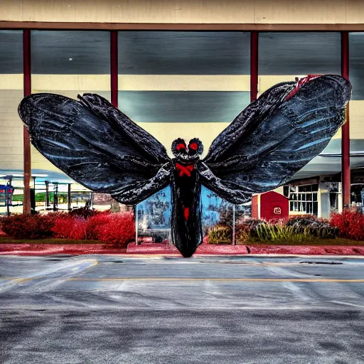 Image similar to 90s photo of mothman in a Walmart parking lot, blurry, XF IQ4, 150MP, 50mm, F1.4, ISO 200, 1/160s, Adobe Lightroom, photolab, Affinity Photo, PhotoDirector 365,