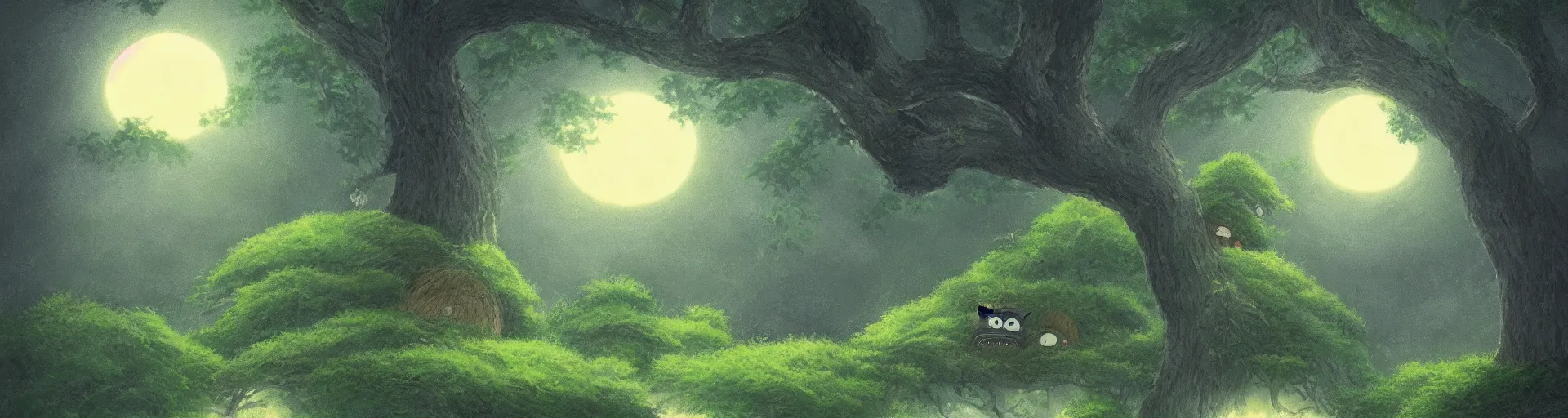 Prompt: Enormous tree from \'My Neighbor Totoro\' centered during twilight, tonalism style, trending on Artstation, 8k, 4k, high-res, digital art