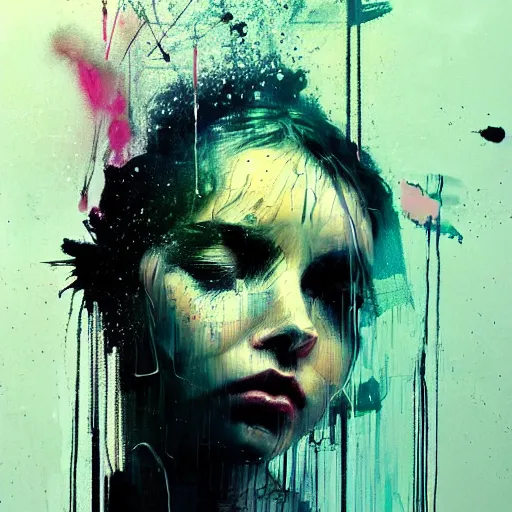 Image similar to glitchart of a young woman lucid dreaming in cyberspace photoreal, atmospheric by jeremy mann francis bacon and agnes cecile, ink drips paint smears digital glitches