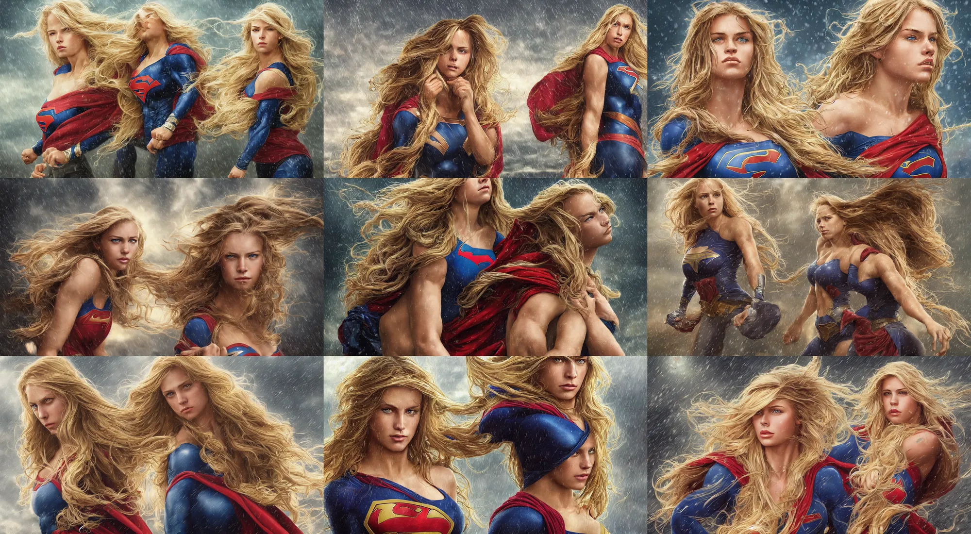 Image similar to epic portrait of a very muscled supergirl with a concentrated face and extremely long blonde wavy hair, light rain, thunder storm background, intricate detailed face, city background, steve argyle, greg rutkowski, alphonse mucha, francine van hove