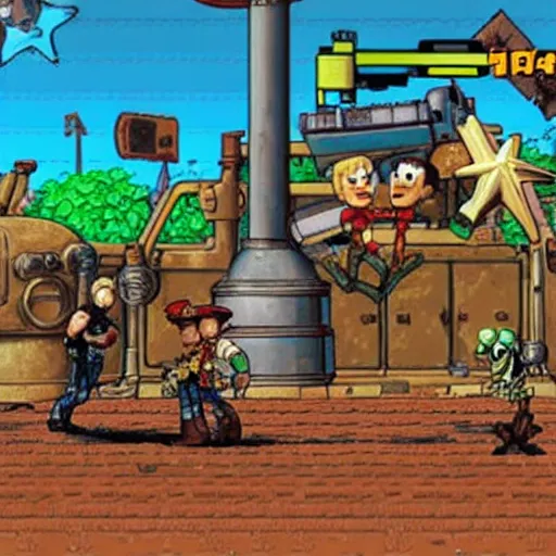 Image similar to gameplay still of metal slug game featuring toy story characters, by SNK for neo Geo arcade