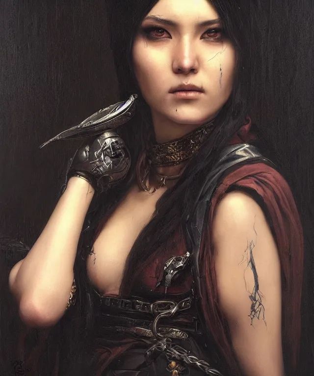 Image similar to the portrait of ( ( ( ( ( akali from league of legends ) ) ) ) ) in black wax crown by roberto ferri, dark fantasy, witcher, very detailed oil painting, masterpiece, 8 k